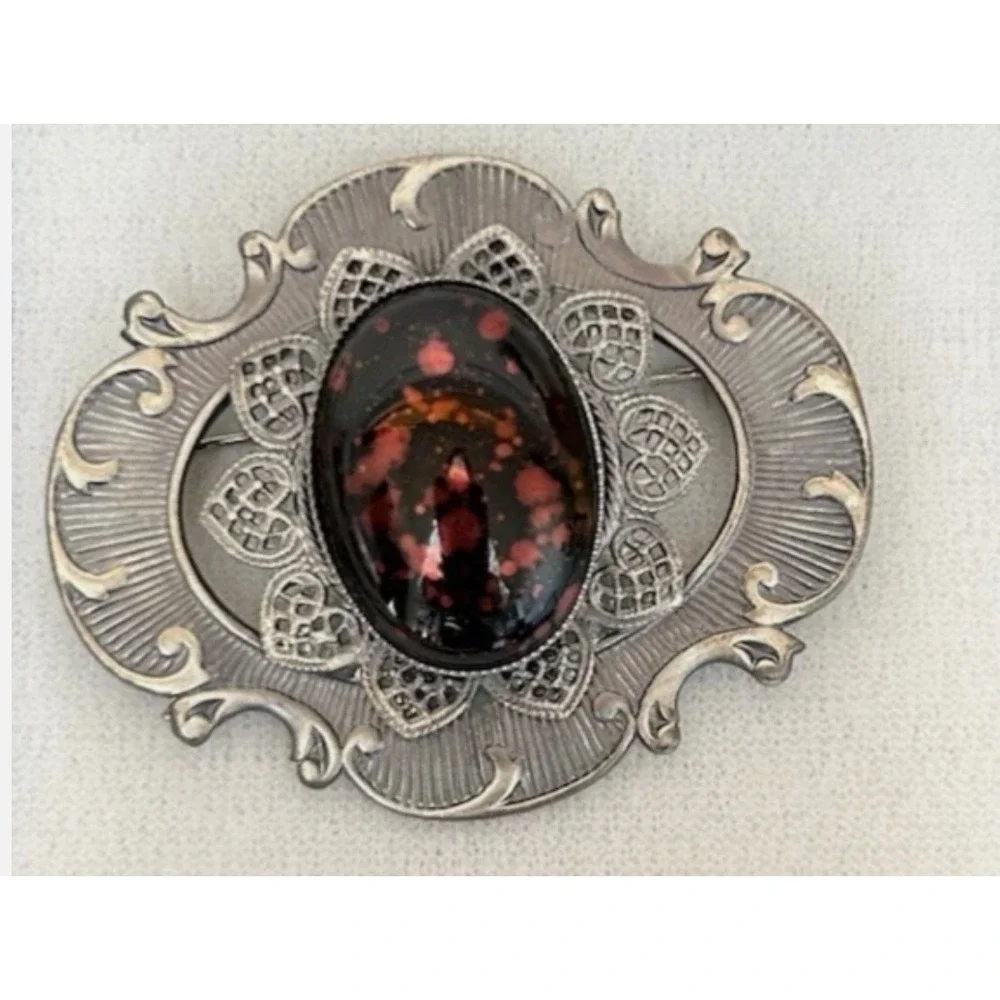 Jablonex Victorian Style Brooch New Boxed Czech Glass Red Black Cabochon Goth